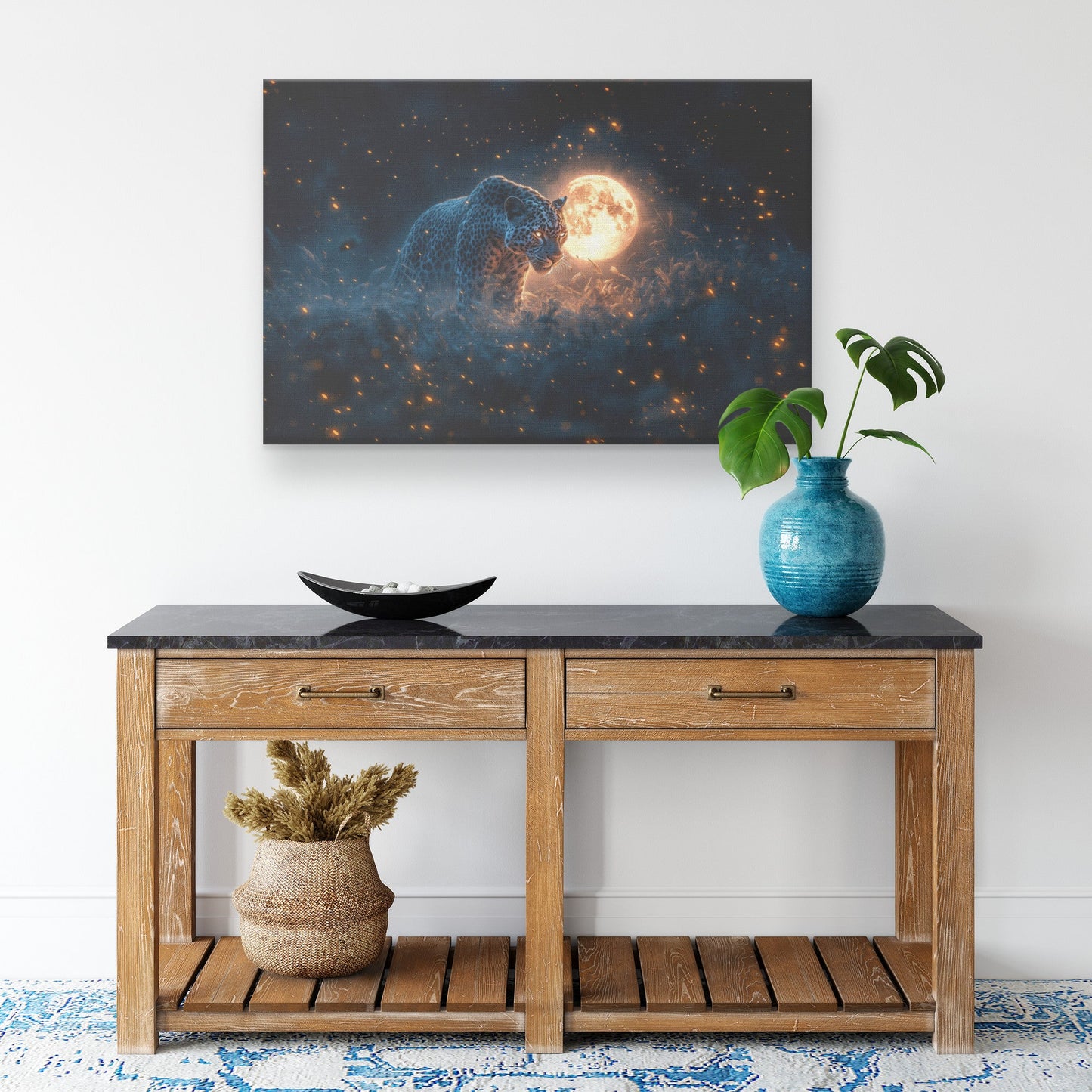 Leopard Canvas Wall Art Decor Hunting Under Glowing Moonlight in Open Savanna Surrounded by Misty Grass - Awakening Righteousness