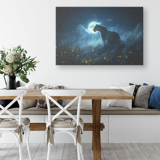 Leopard Canvas Wall Art Decor Hunting Under Glowing Moonlight in Open Savanna Surrounded by Misty Grass - Awakening Righteousness