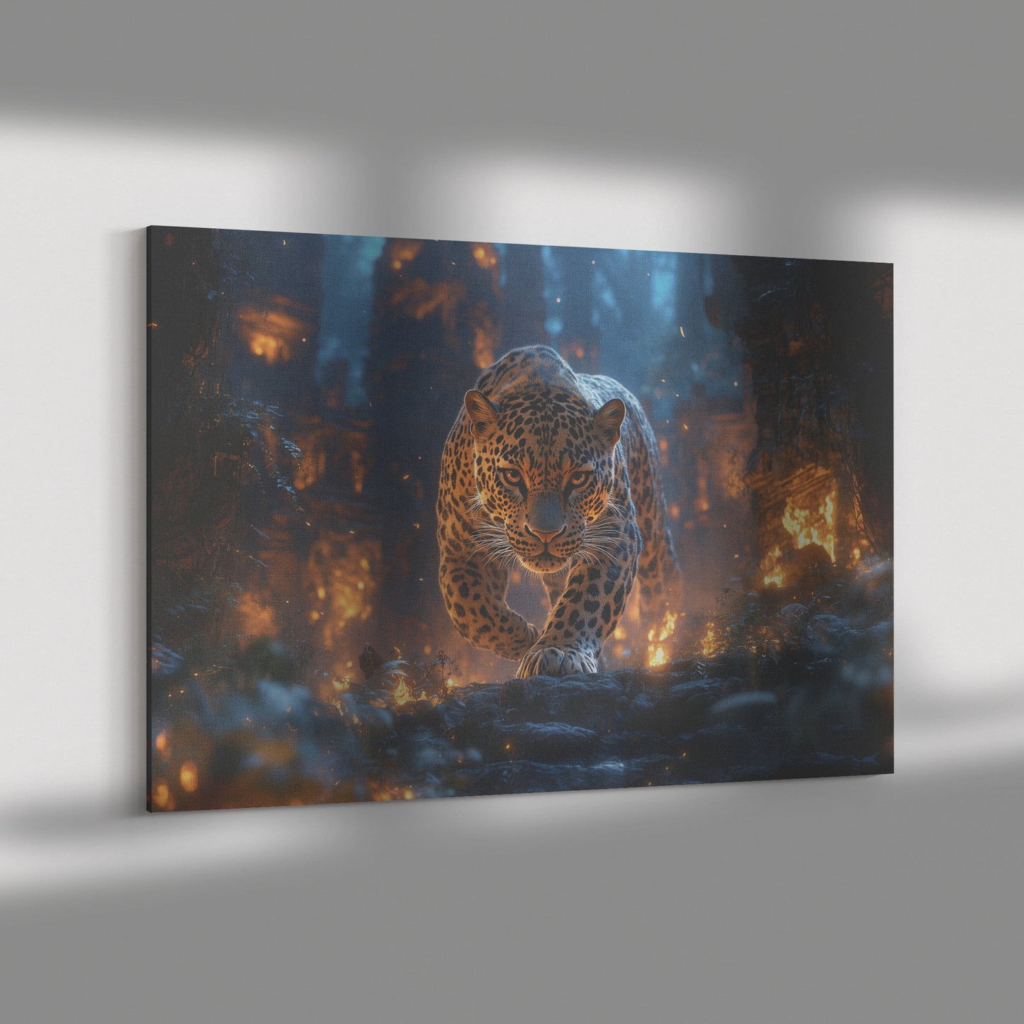 Leopard Canvas Wall Art Decor Walking Through Glowing Ancient Ruins Covered in Jungle Vines Under a Twilight Sky with Magical Atmosphere - Awakening Righteousness