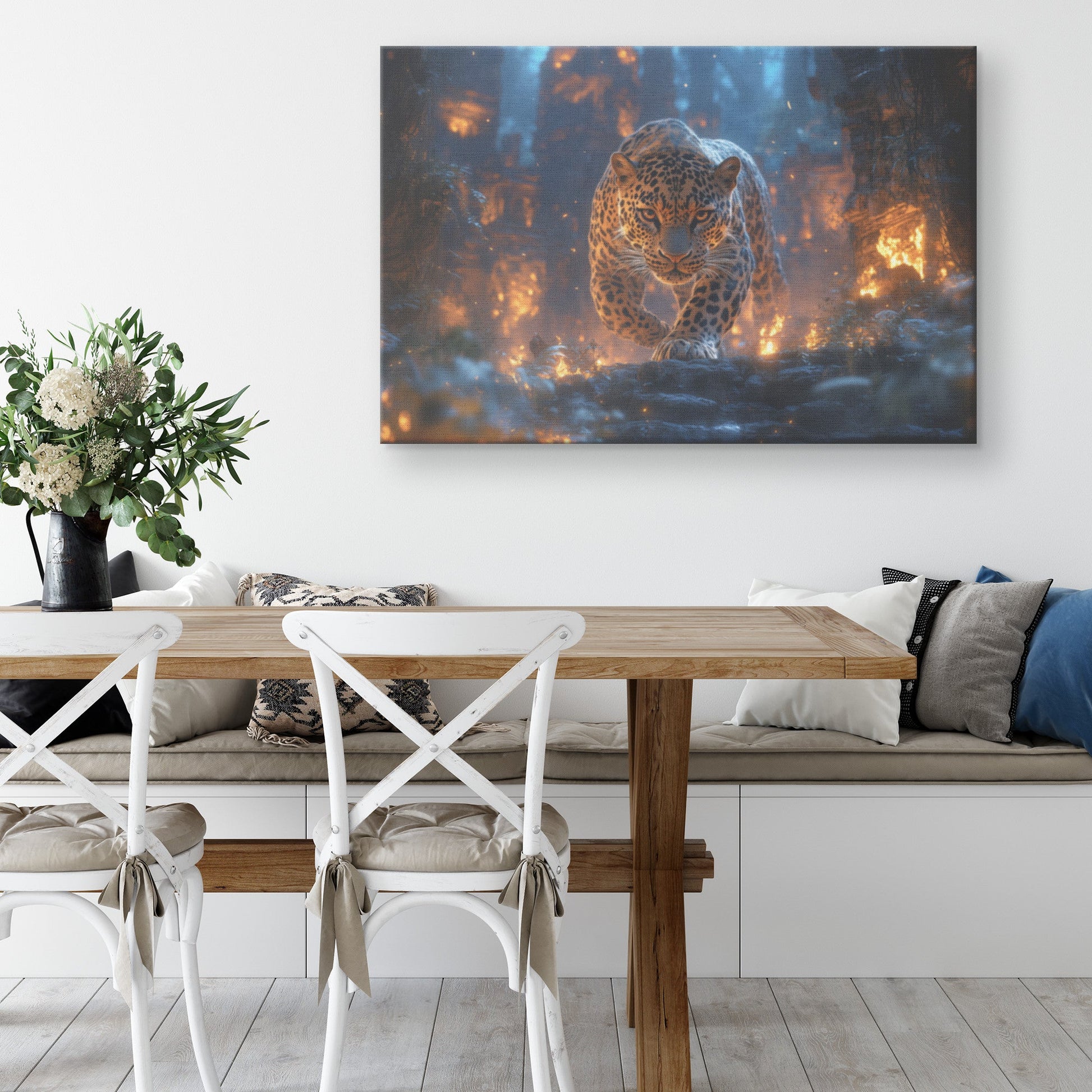 Leopard Canvas Wall Art Decor Walking Through Glowing Ancient Ruins Covered in Jungle Vines Under a Twilight Sky with Magical Atmosphere - Awakening Righteousness