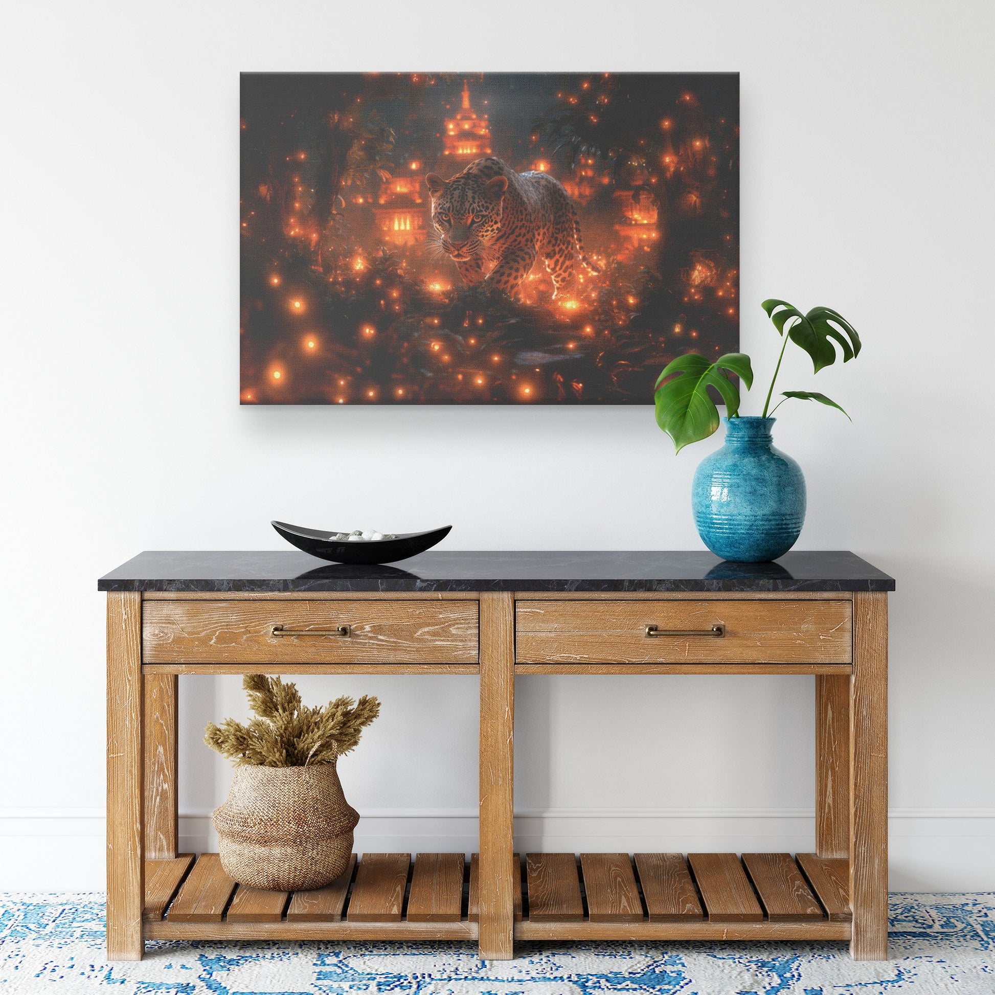 Leopard Canvas Wall Art Decor Walking Through Glowing Ancient Ruins Covered in Jungle Vines Under a Twilight Sky with Magical Atmosphere - Awakening Righteousness