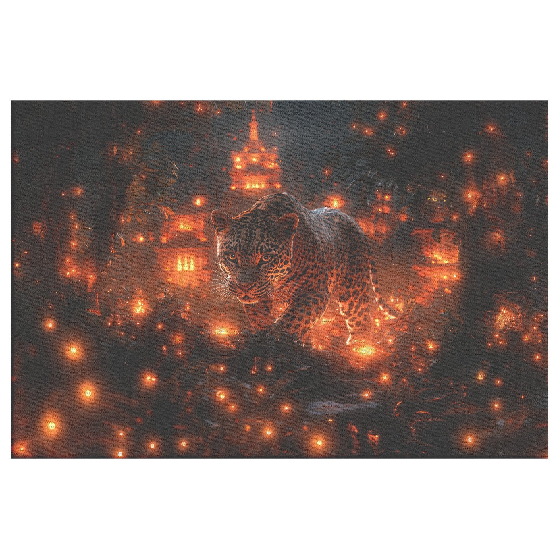 Leopard Canvas Wall Art Decor Walking Through Glowing Ancient Ruins Covered in Jungle Vines Under a Twilight Sky with Magical Atmosphere - Awakening Righteousness