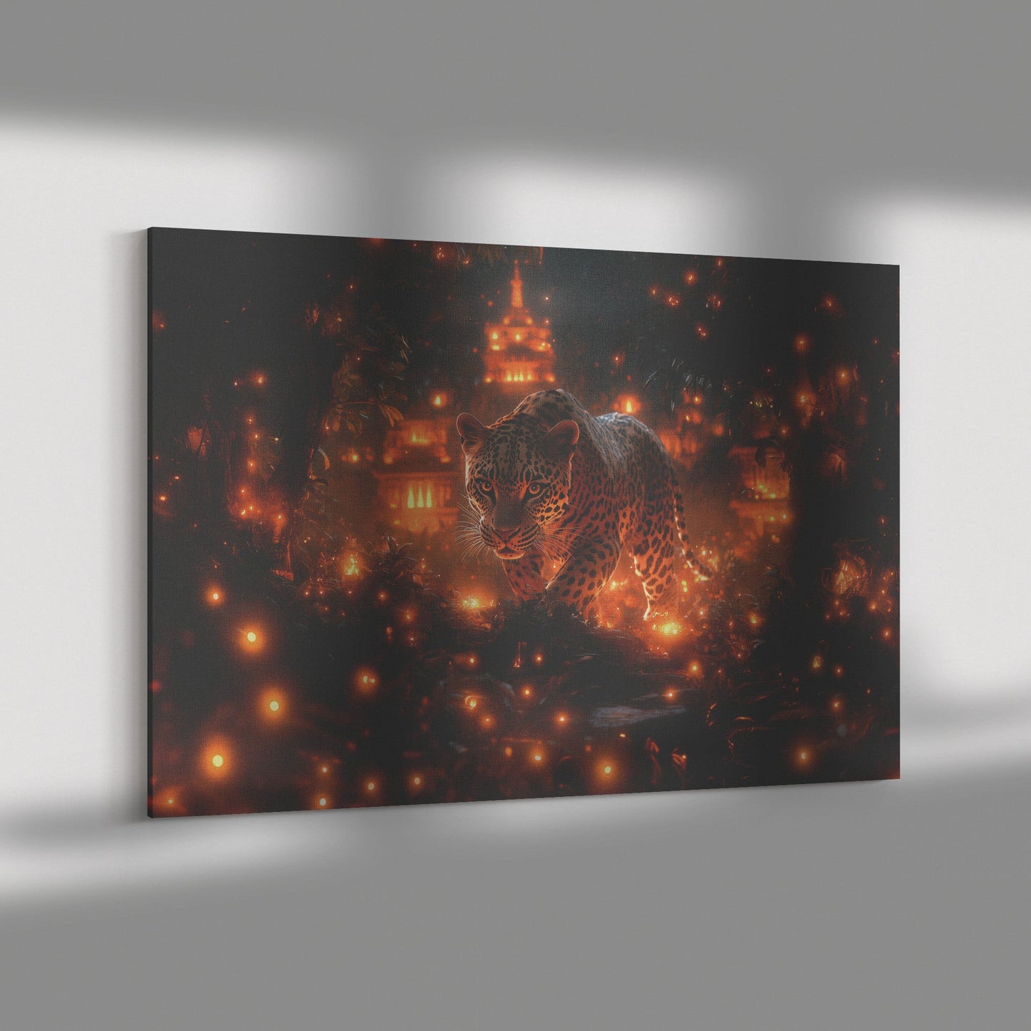 Leopard Canvas Wall Art Decor Walking Through Glowing Ancient Ruins Covered in Jungle Vines Under a Twilight Sky with Magical Atmosphere - Awakening Righteousness