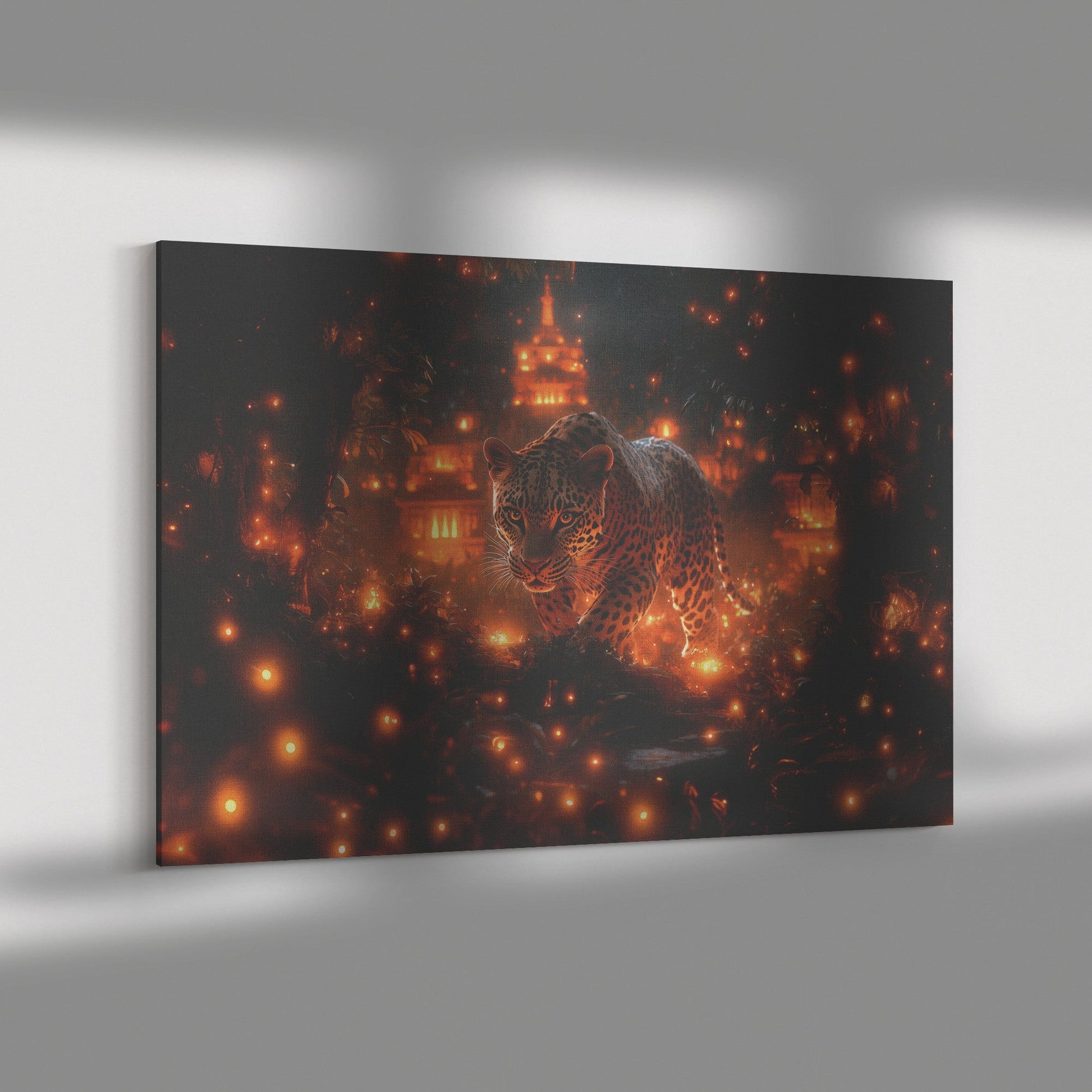 Leopard Canvas Wall Art Decor Walking Through Glowing Ancient Ruins Covered in Jungle Vines Under a Twilight Sky with Magical Atmosphere - Awakening Righteousness