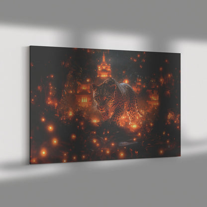 Leopard Canvas Wall Art Decor Walking Through Glowing Ancient Ruins Covered in Jungle Vines Under a Twilight Sky with Magical Atmosphere - Awakening Righteousness