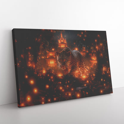 Leopard Canvas Wall Art Decor Walking Through Glowing Ancient Ruins Covered in Jungle Vines Under a Twilight Sky with Magical Atmosphere - Awakening Righteousness