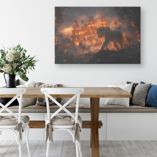 Leopard Canvas Wall Art Decor Walking Through Glowing Ancient Ruins Covered in Jungle Vines Under Twilight Sky with Magical Atmosphere - Awakening Righteousness