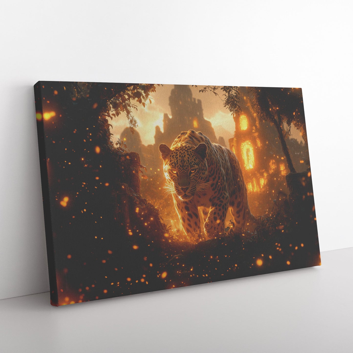 Leopard Canvas Wall Art Decor Walking Through Glowing Ancient Ruins Covered in Jungle Vines Under Twilight Sky with Magical Atmosphere - Awakening Righteousness