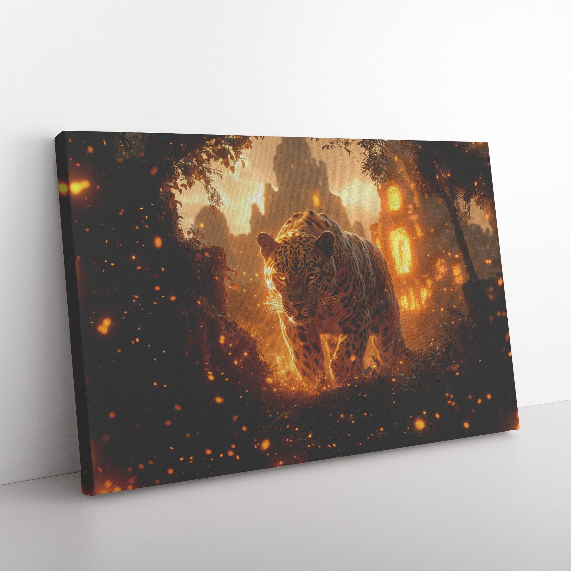 Leopard Canvas Wall Art Decor Walking Through Glowing Ancient Ruins Covered in Jungle Vines Under Twilight Sky with Magical Atmosphere - Awakening Righteousness