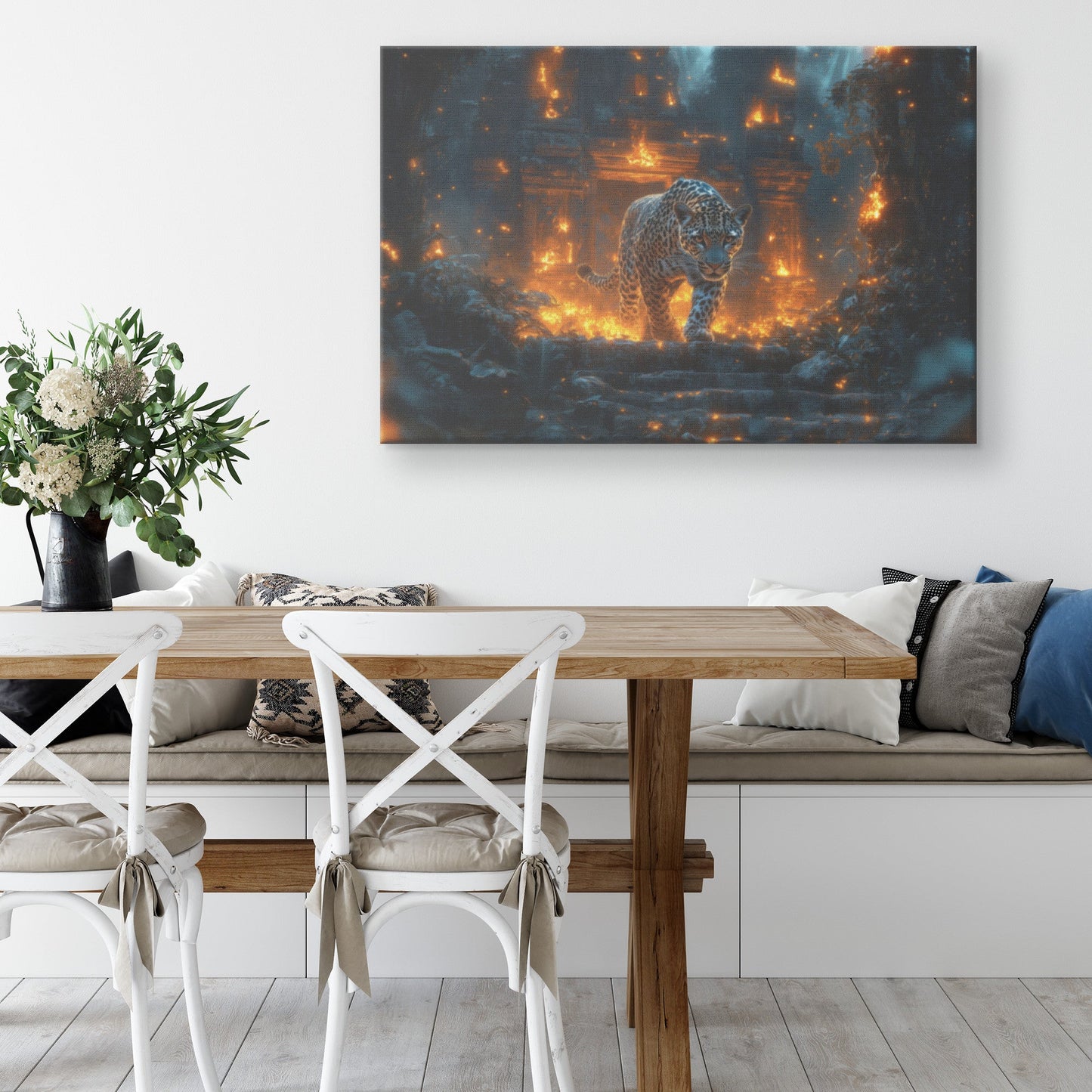 Leopard Canvas Wall Art Decor Walking Through Glowing Ancient Ruins Covered in Jungle Vines Under Twilight Sky with Magical Atmosphere - Awakening Righteousness