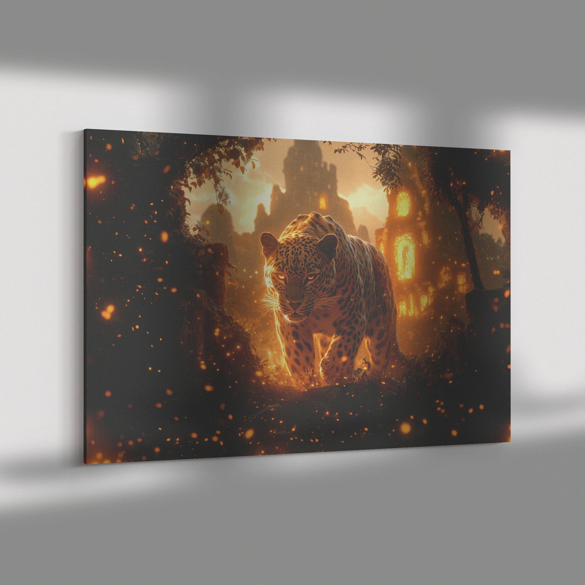 Leopard Canvas Wall Art Decor Walking Through Glowing Ancient Ruins Covered in Jungle Vines Under Twilight Sky with Magical Atmosphere - Awakening Righteousness
