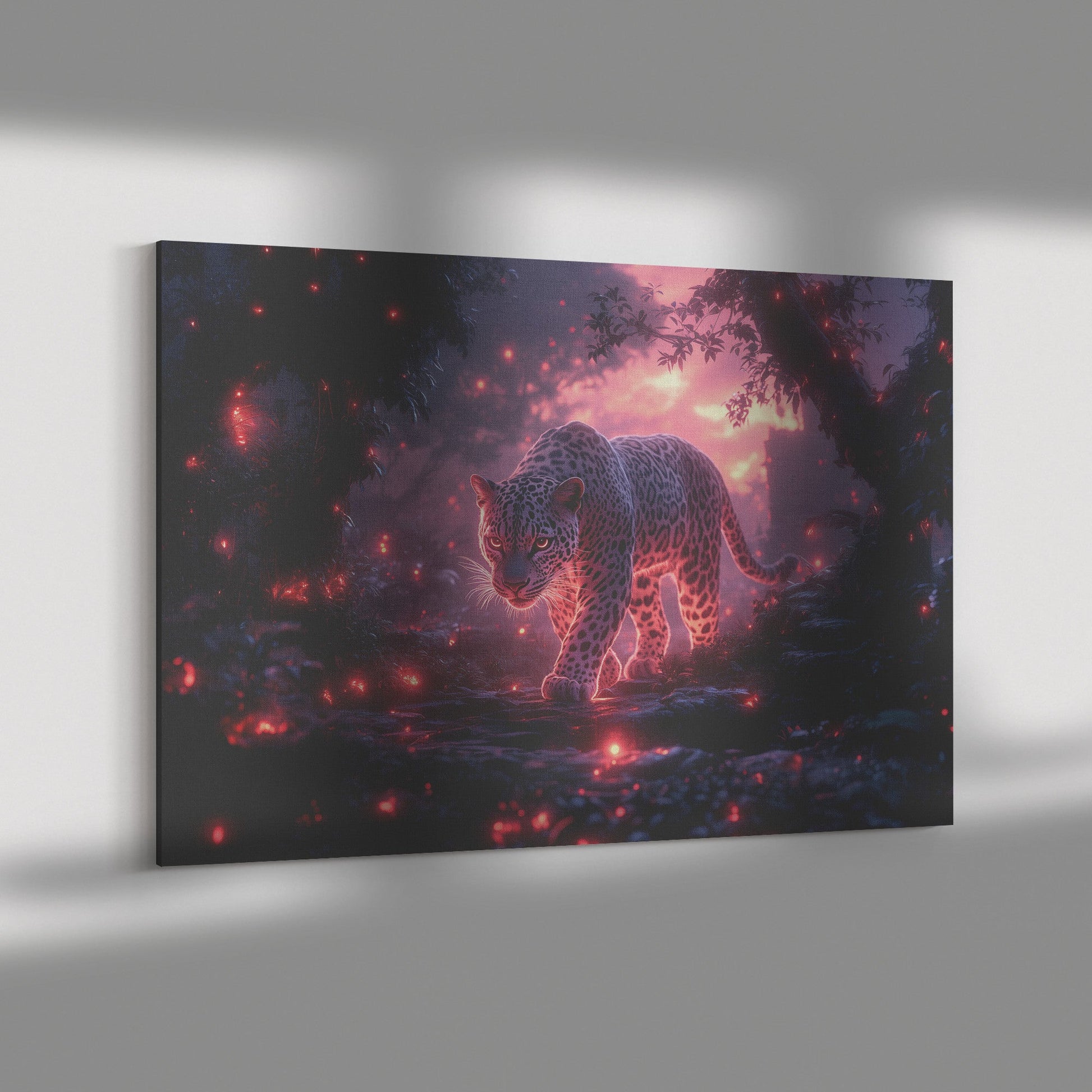 Leopard Canvas Wall Art Decor Walking Through Glowing Ancient Ruins Covered in Jungle Vines Under Twilight Sky with Magical Atmosphere - Awakening Righteousness