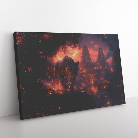 Leopard Canvas Wall Art Decor Walking Through Glowing Ancient Ruins Covered in Jungle Vines Under Twilight Sky with Magical Atmosphere - Awakening Righteousness