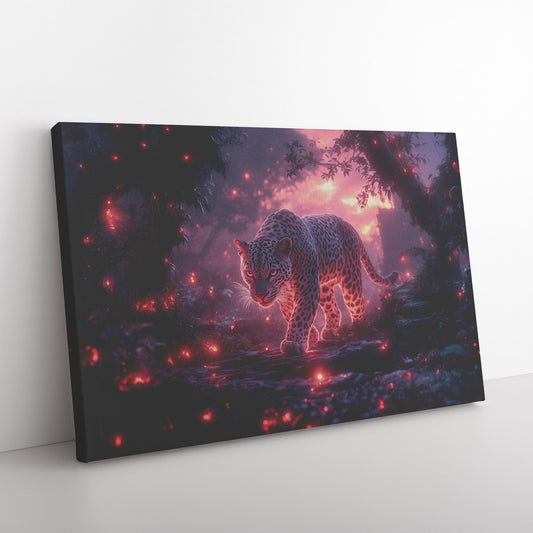 Leopard Canvas Wall Art Decor Walking Through Glowing Ancient Ruins Covered in Jungle Vines Under Twilight Sky with Magical Atmosphere - Awakening Righteousness