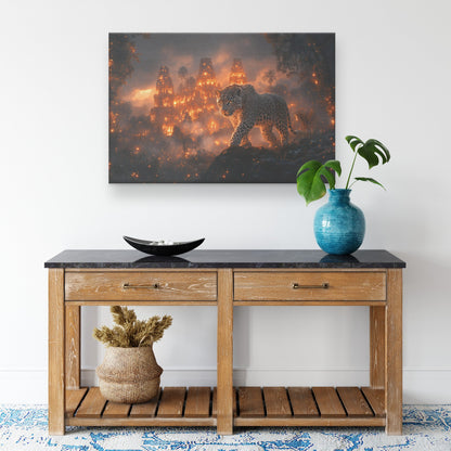 Leopard Canvas Wall Art Decor Walking Through Glowing Ancient Ruins Covered in Jungle Vines Under Twilight Sky with Magical Atmosphere - Awakening Righteousness