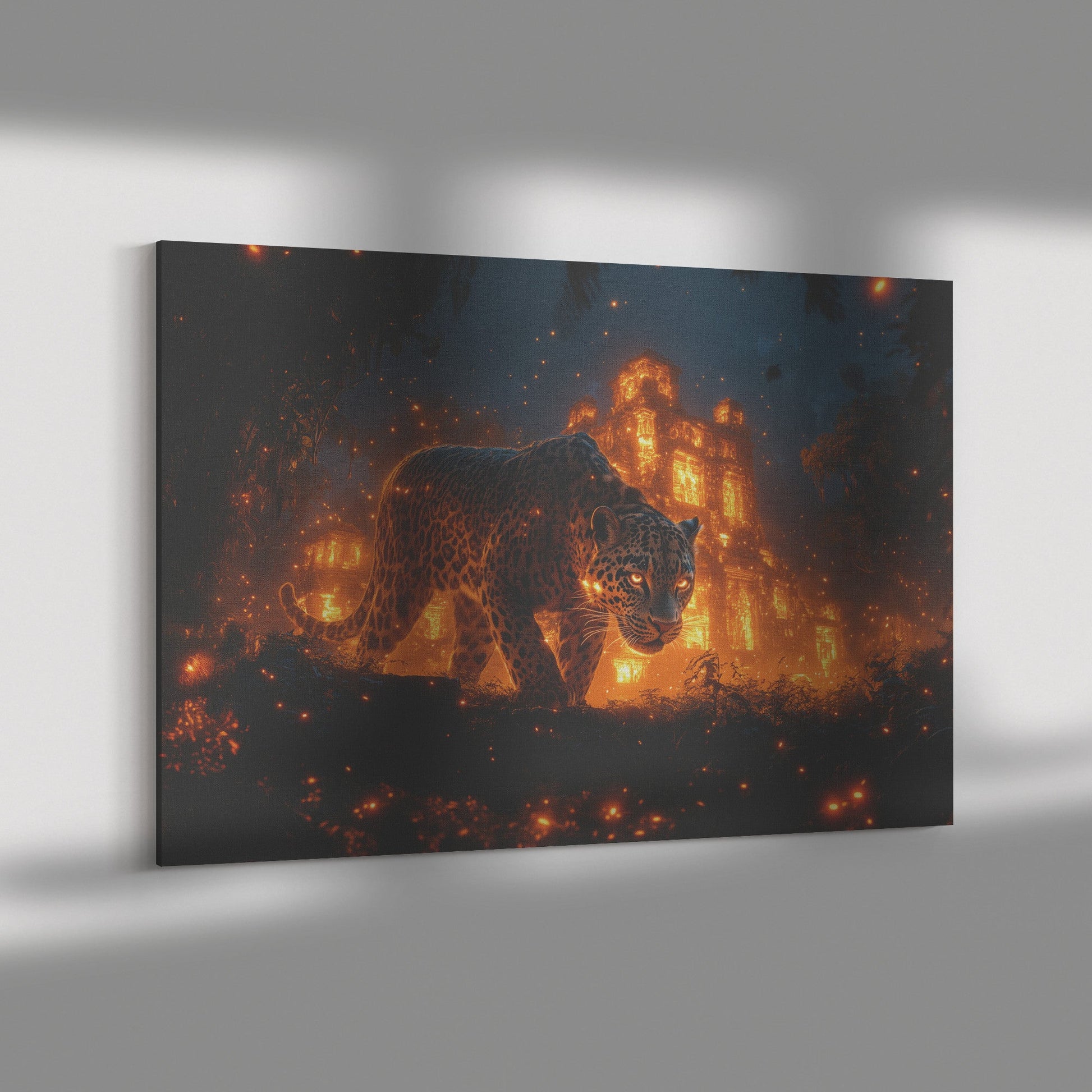 Leopard Canvas Wall Art Decor Walking Through Glowing Ancient Ruins Covered in Jungle Vines Under Twilight Sky with Magical Atmosphere - Awakening Righteousness