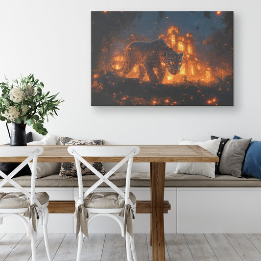 Leopard Canvas Wall Art Decor Walking Through Glowing Ancient Ruins Covered in Jungle Vines Under Twilight Sky with Magical Atmosphere - Awakening Righteousness