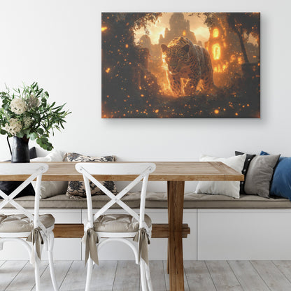 Leopard Canvas Wall Art Decor Walking Through Glowing Ancient Ruins Covered in Jungle Vines Under Twilight Sky with Magical Atmosphere - Awakening Righteousness