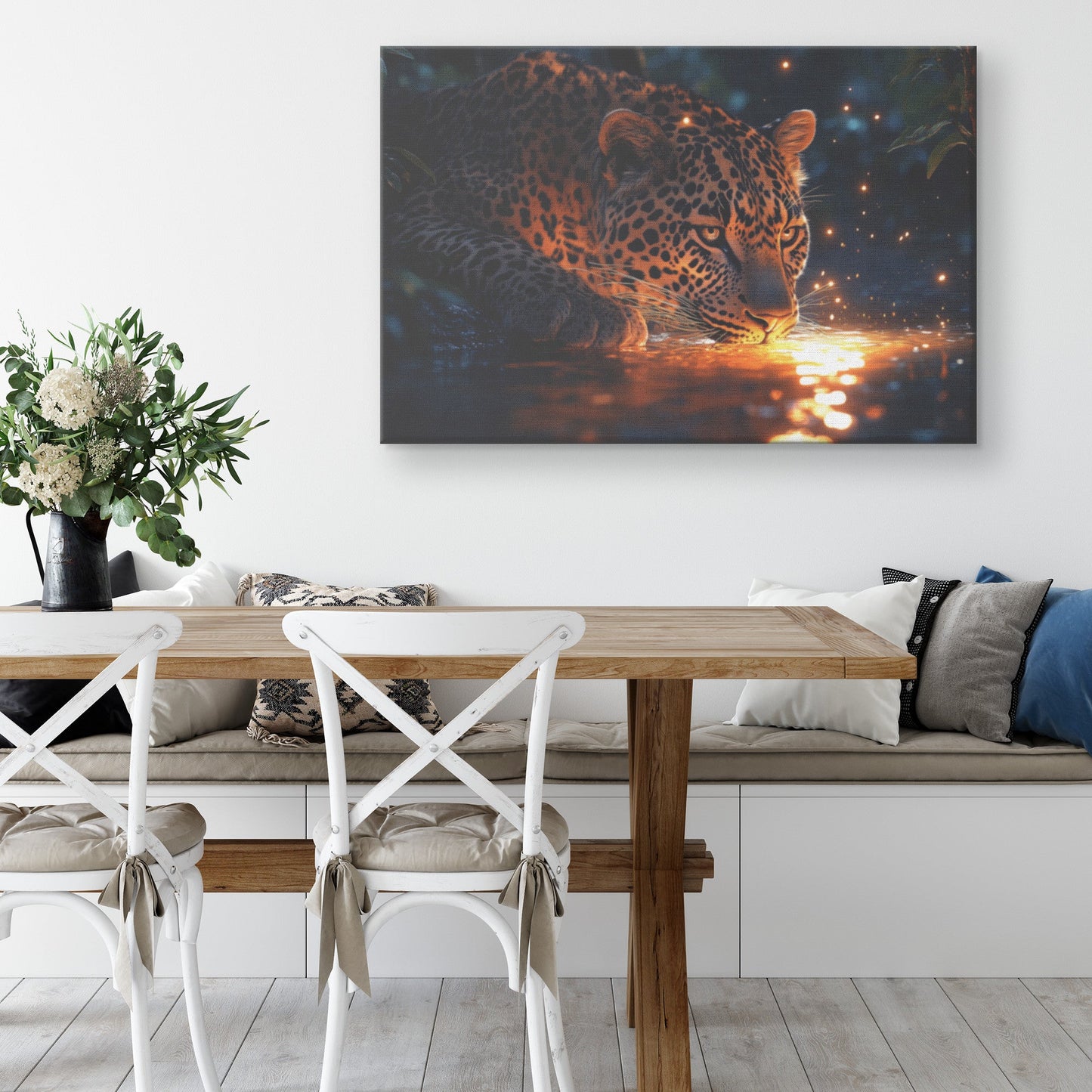 Leopard Drinking from Glowing River Canvas Wall Art Decor Surrounded by Lush Jungle Trees Under Twilight Sky - Awakening Righteousness