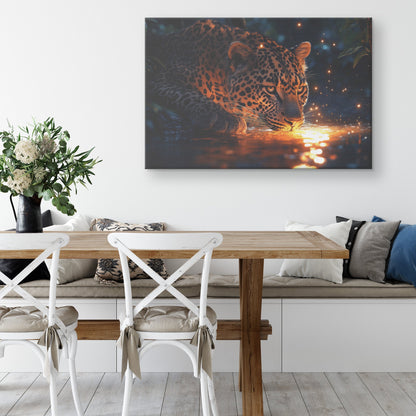 Leopard Drinking from Glowing River Canvas Wall Art Decor Surrounded by Lush Jungle Trees Under Twilight Sky - Awakening Righteousness