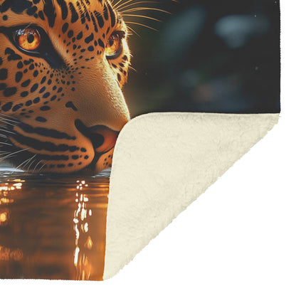 Leopard Drinking from Glowing River Surrounded by Lush Jungle Trees Under Twilight Sky Fleece Sherpa Blanket - Awakening Righteousness