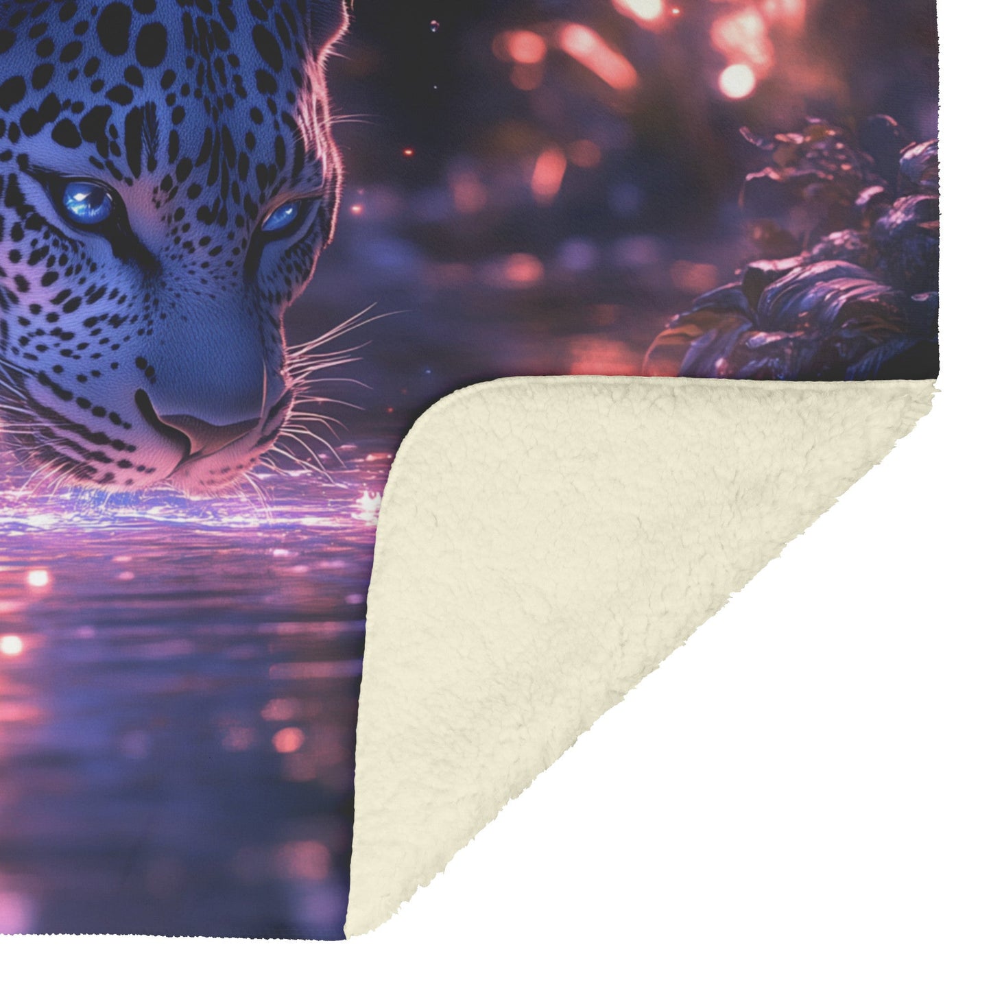 Leopard Drinking from Glowing River Surrounded by Lush Jungle Trees Under Twilight Sky Fleece Sherpa Blanket - Awakening Righteousness