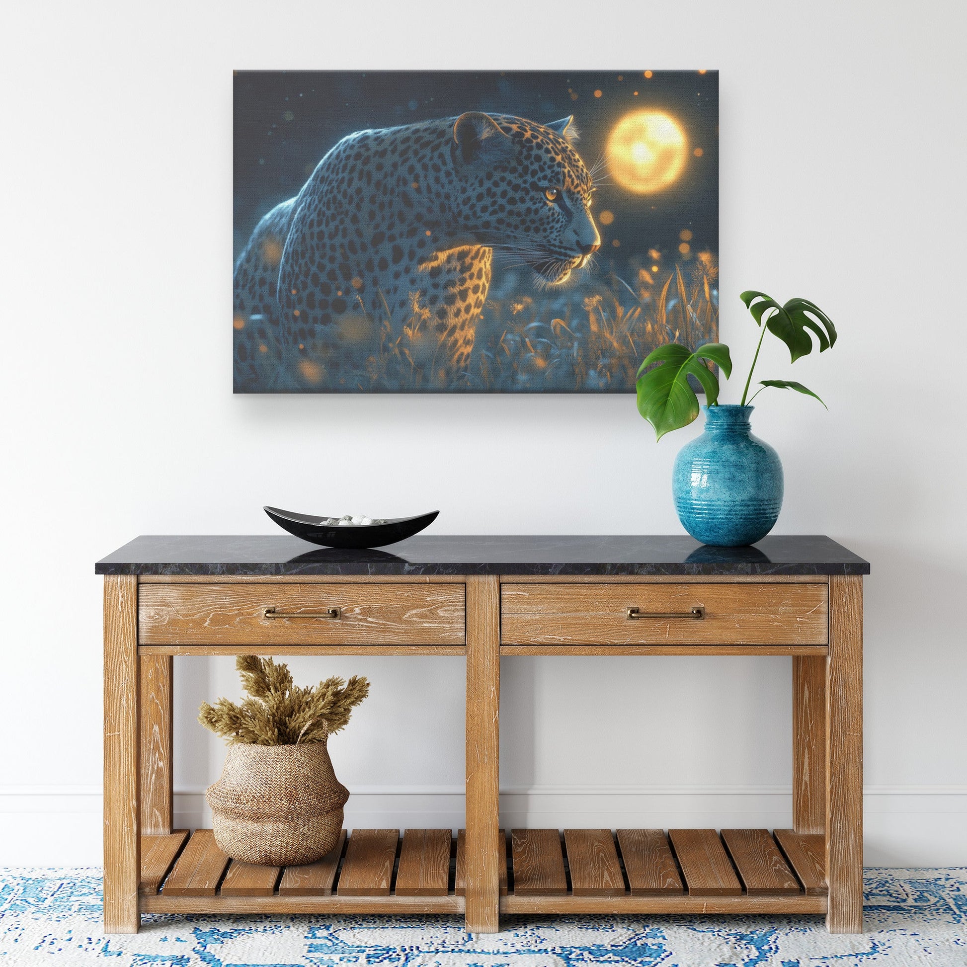 Leopard Hunting Under Glowing Moonlight Canvas Wall Art Decor in Misty Grass Savanna - Awakening Righteousness
