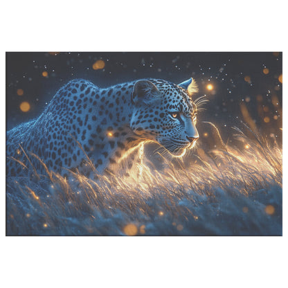 Leopard Hunting Under Glowing Moonlight Canvas Wall Art Decor in Misty Grass Savanna - Awakening Righteousness