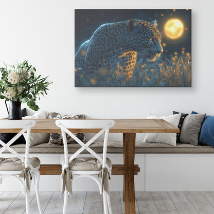 Leopard Hunting Under Glowing Moonlight Canvas Wall Art Decor in Misty Grass Savanna - Awakening Righteousness