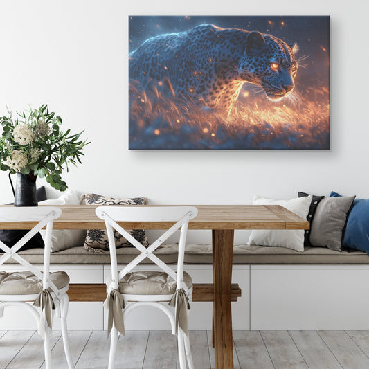 Leopard Hunting Under Glowing Moonlight Canvas Wall Art Decor in Misty Grass Savanna - Awakening Righteousness