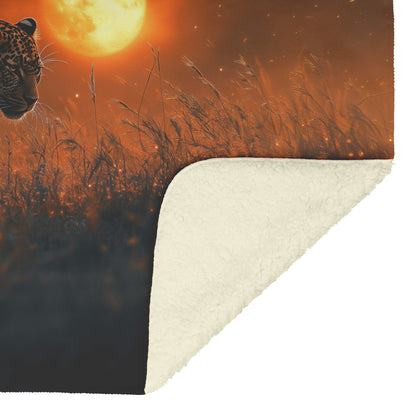 Leopard Hunting Under Glowing Moonlight in Open Misty Savanna Fleece Sherpa Blanket Soft and Luxurious - Awakening Righteousness