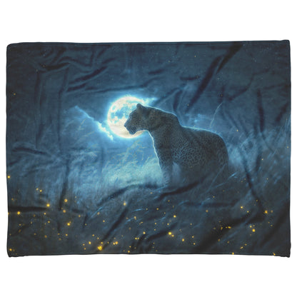 Leopard Hunting Under Glowing Moonlight in Open Misty Savanna Fleece Sherpa Blanket Soft and Luxurious - Awakening Righteousness