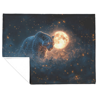 Leopard Hunting Under Glowing Moonlight in Open Misty Savanna Fleece Sherpa Blanket Soft and Luxurious - Awakening Righteousness