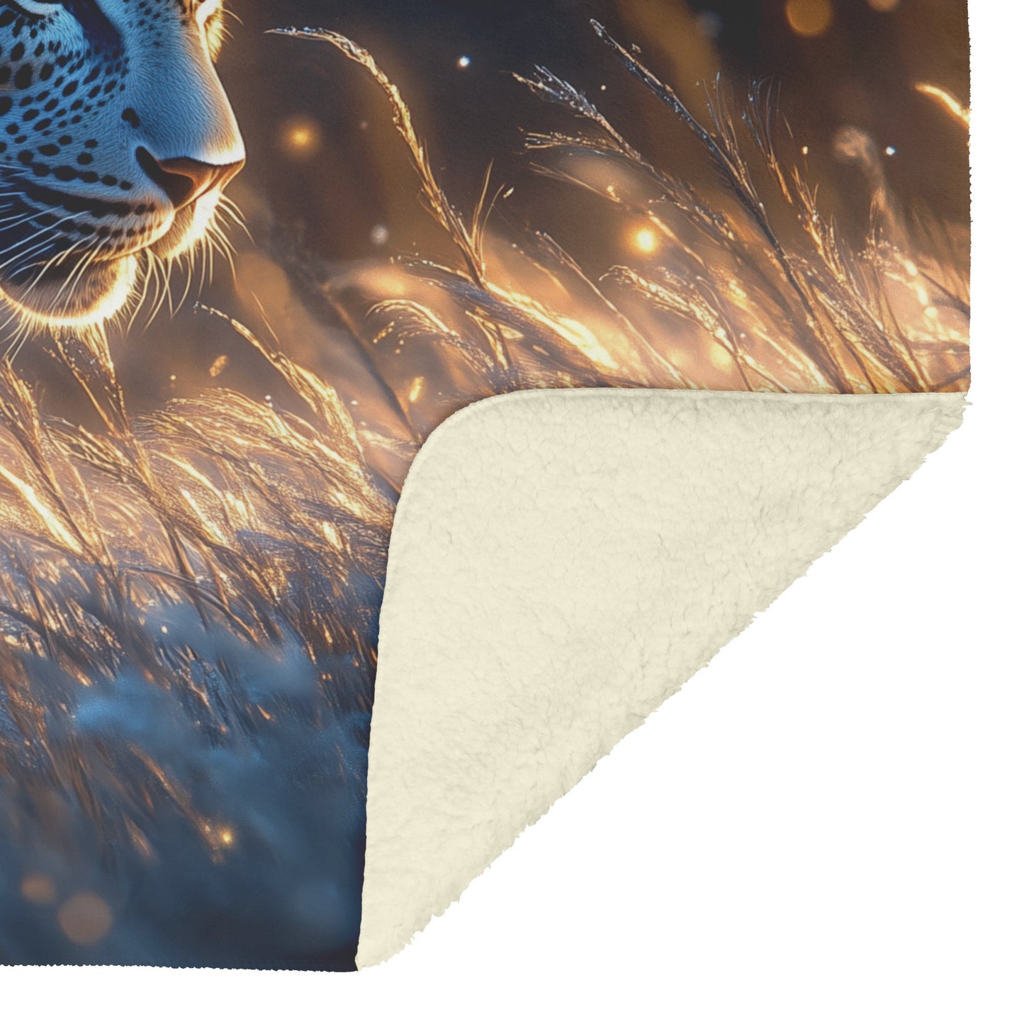 Leopard Hunting Under Glowing Moonlight in Open Savanna with Misty Grass Fleece Sherpa Blanket - Awakening Righteousness