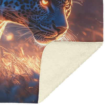 Leopard Hunting Under Glowing Moonlight in Open Savanna with Misty Grass Fleece Sherpa Blanket - Awakening Righteousness