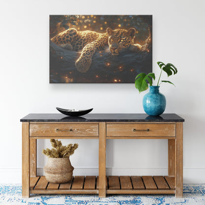 Leopard Resting Gracefully on Ancient Tree Branch Canvas Wall Art Decor Under Golden Sunlight with Intricate Fur Patterns - Awakening Righteousness