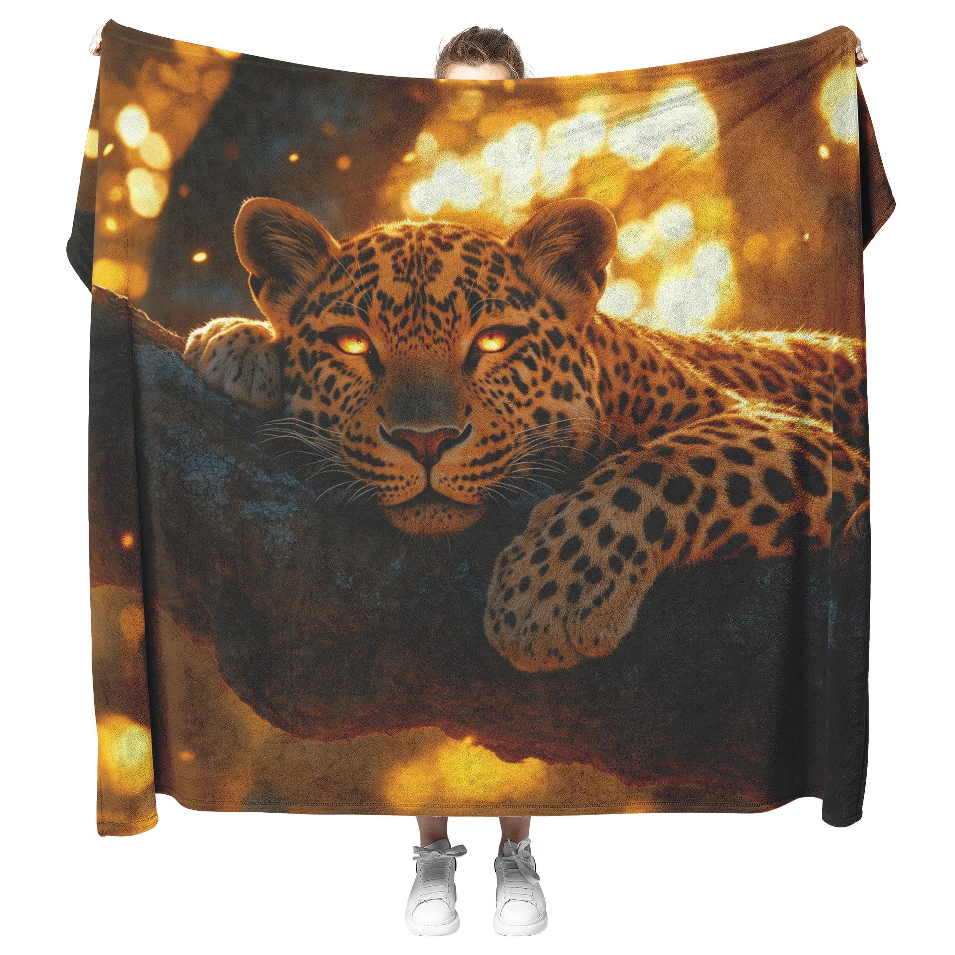Leopard Resting on Acacia Tree Under Golden Sunlight with Intricate Fur Details Luminous Glow Cozy Sherpa Blanket - Awakening Righteousness