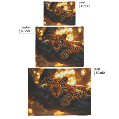 Leopard Resting on Acacia Tree Under Golden Sunlight with Intricate Fur Details Luminous Glow Cozy Sherpa Blanket - Awakening Righteousness