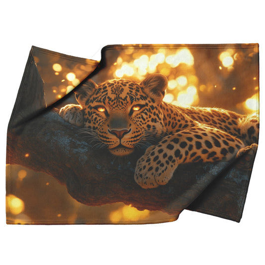 Leopard Resting on Acacia Tree Under Golden Sunlight with Intricate Fur Details Luminous Glow Cozy Sherpa Blanket - Awakening Righteousness