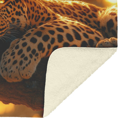 Leopard Resting on Acacia Tree Under Golden Sunlight with Intricate Fur Details Luminous Glow Cozy Sherpa Blanket - Awakening Righteousness