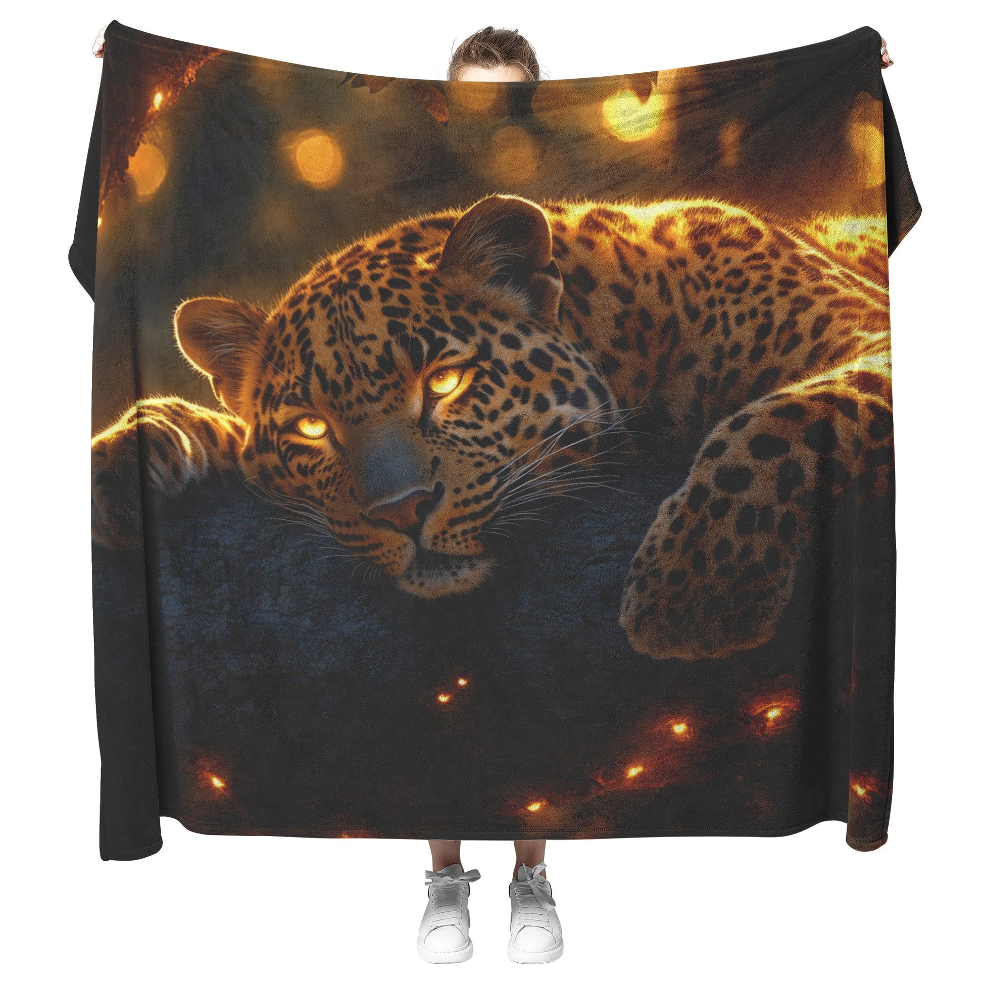 Leopard Resting on Branch of Ancient Acacia Tree Under Golden Sunlight Intricate Fur Details Sherpa Blanket - Awakening Righteousness