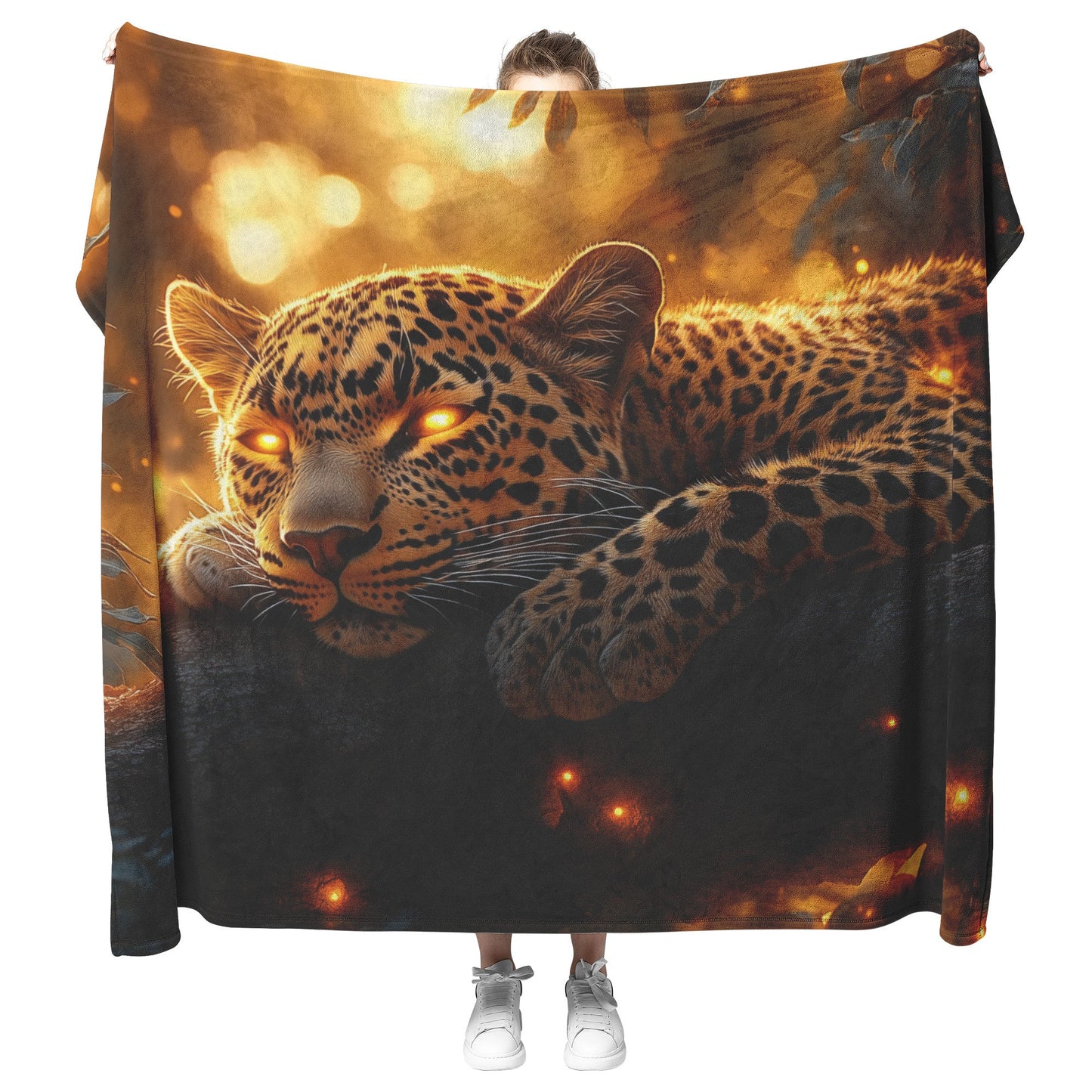 Leopard Resting on Branch of Ancient Acacia Tree Under Golden Sunlight Intricate Fur Details Sherpa Blanket - Awakening Righteousness
