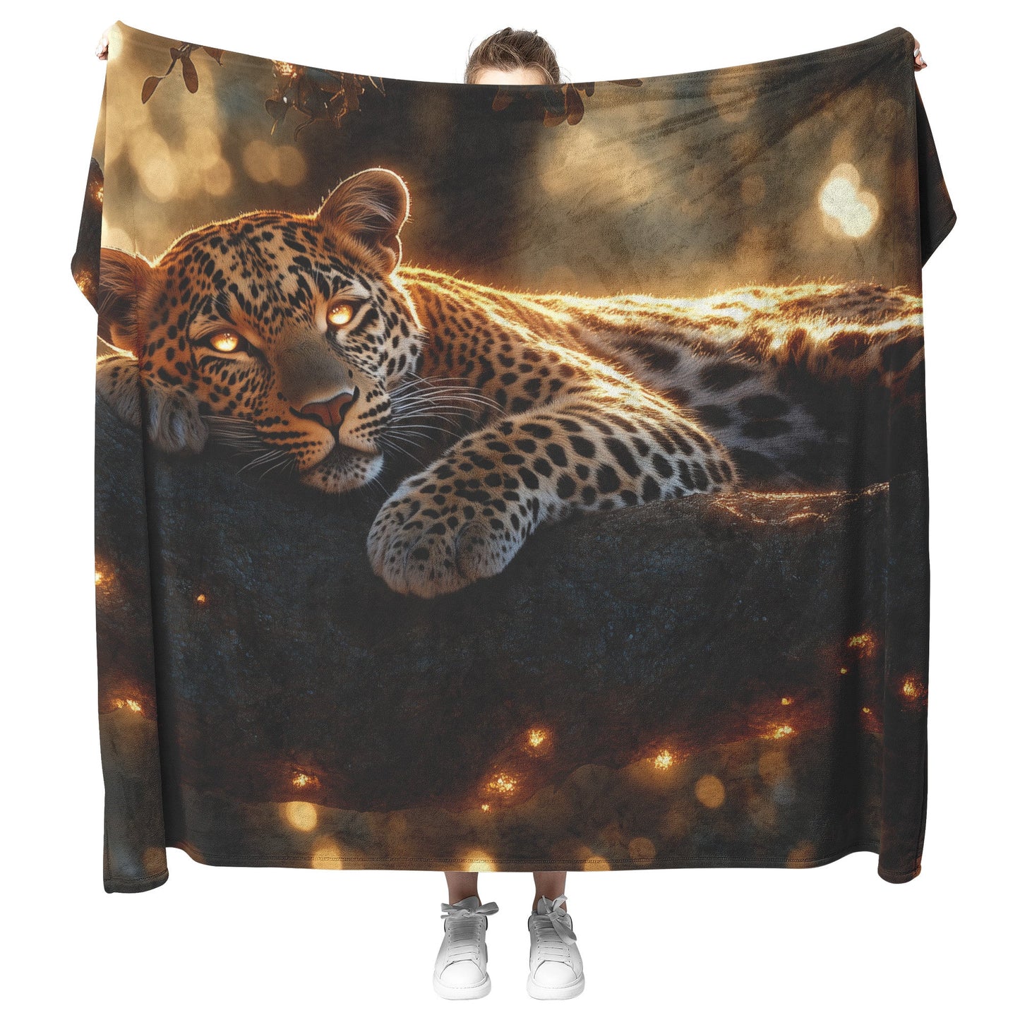 Leopard Resting on Branch of Ancient Acacia Tree Under Golden Sunlight Intricate Fur Details Sherpa Blanket - Awakening Righteousness