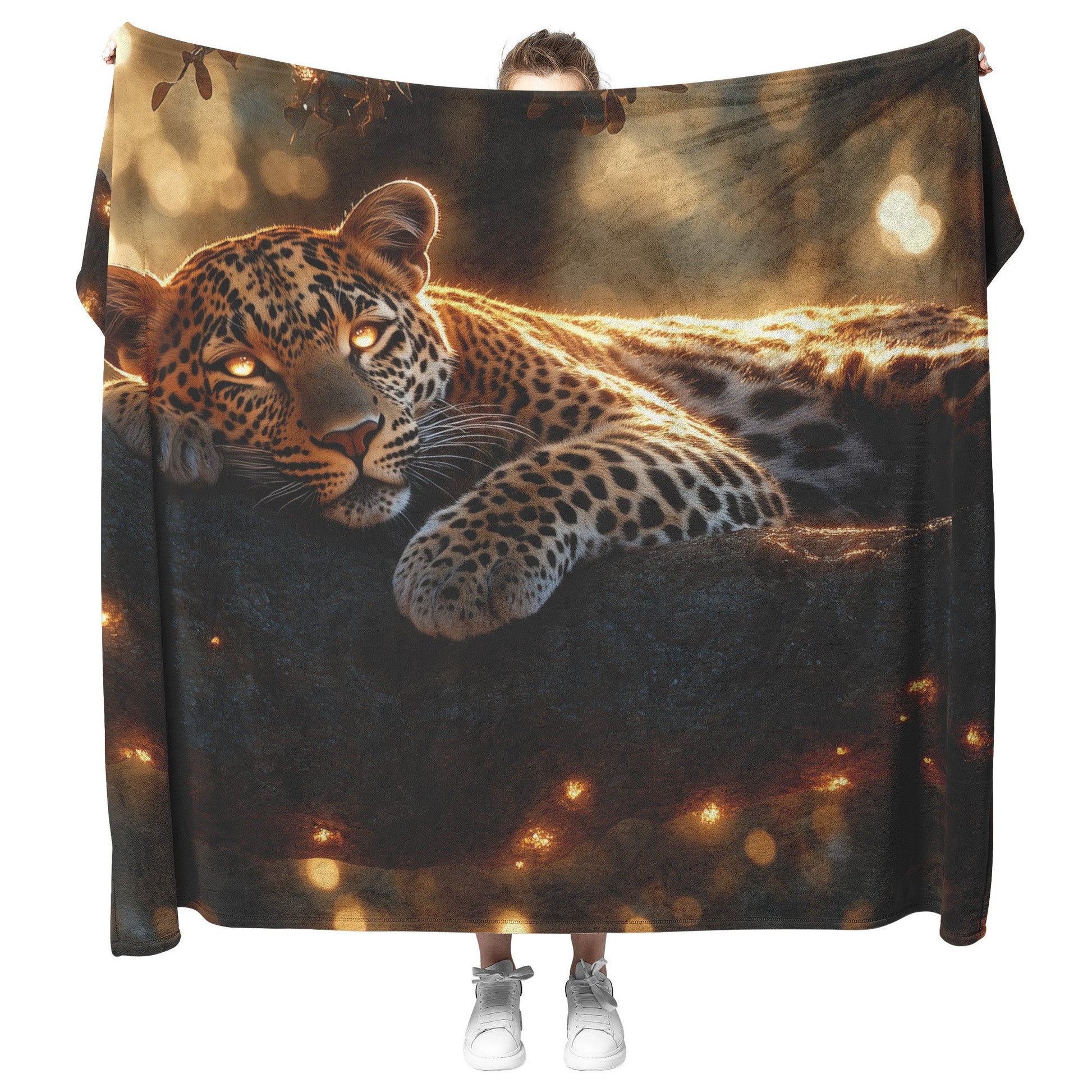 Leopard Resting on Branch of Ancient Acacia Tree Under Golden Sunlight Intricate Fur Details Sherpa Blanket - Awakening Righteousness
