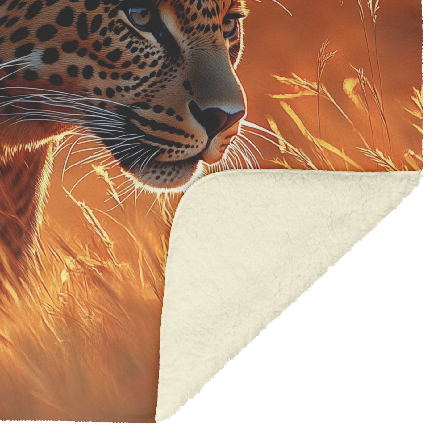 Leopard Stalking Through Tall Golden Grass Under Vibrant Sunset Fleece Sherpa Blanket - Awakening Righteousness