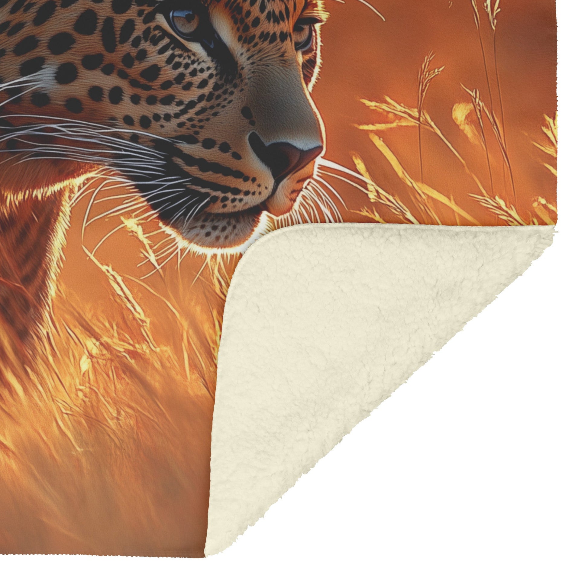 Leopard Stalking Through Tall Golden Grass Under Vibrant Sunset Fleece Sherpa Blanket - Awakening Righteousness