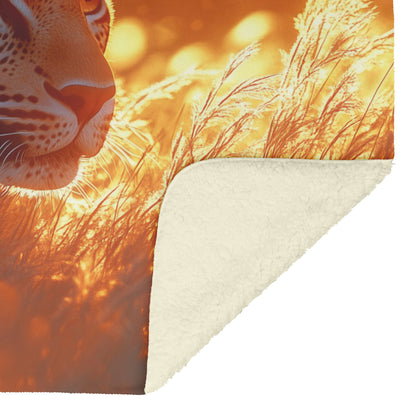 Leopard Stalking Through Tall Golden Grass Under Vibrant Sunset Fleece Sherpa Blanket - Awakening Righteousness