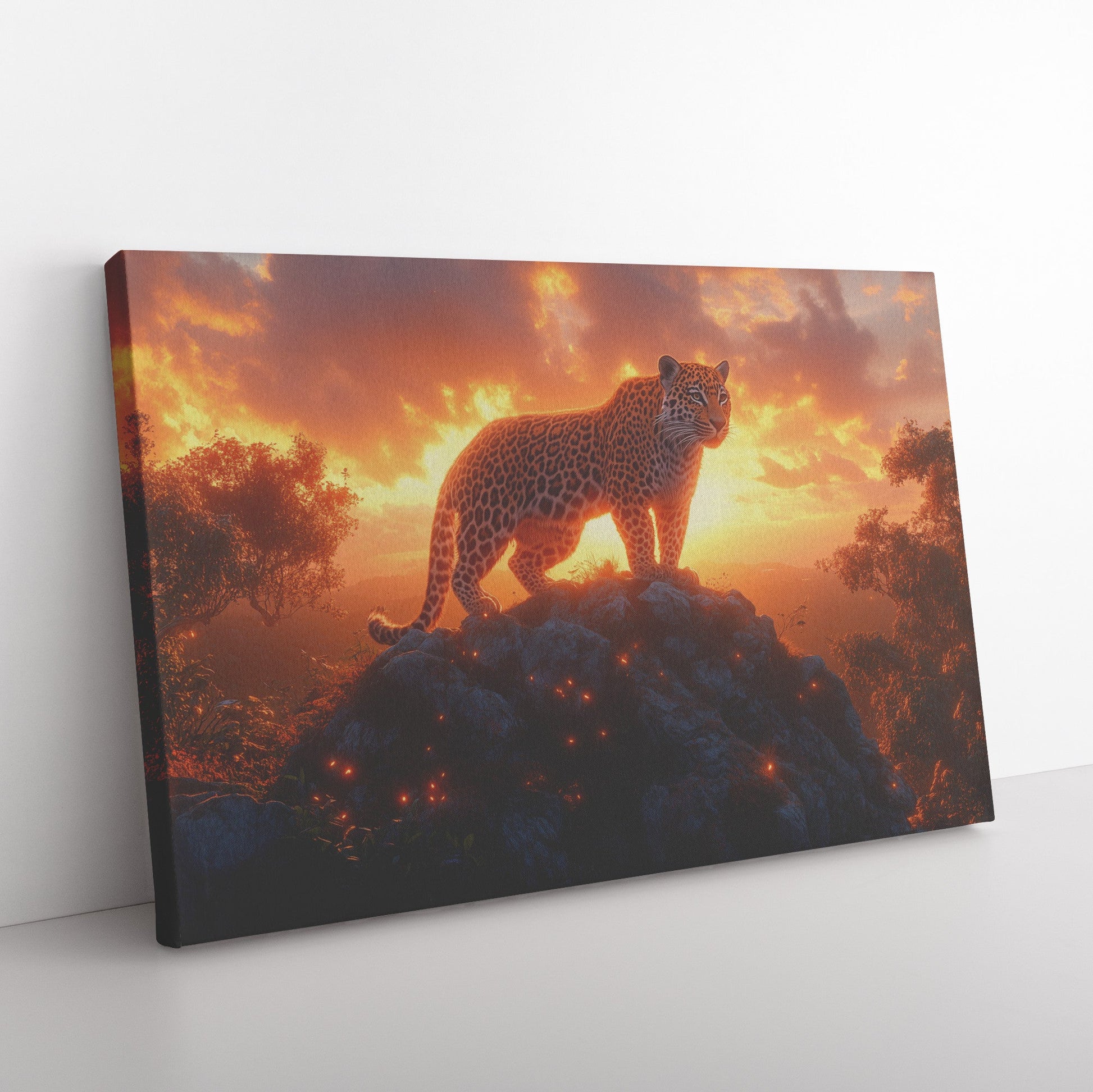 Leopard Standing Atop Rocky Outcrop Canvas Wall Art Decor with Glowing Orange Sunset Clouds and Dynamic Lighting - Awakening Righteousness