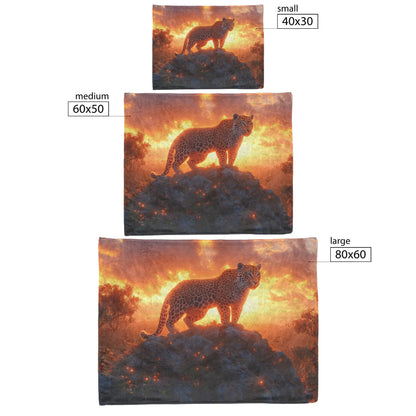 Leopard Standing Atop Rocky Outcrop with Glowing Orange Clouds Under Sunset Fleece Sherpa Blanket - Awakening Righteousness