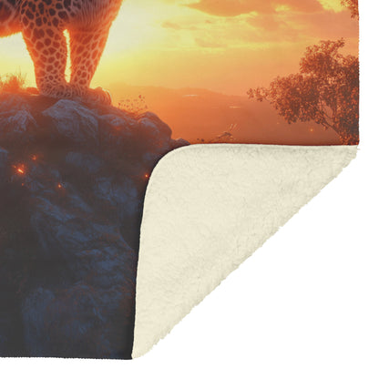 Leopard Standing Atop Rocky Outcrop with Glowing Orange Clouds Under Sunset Fleece Sherpa Blanket - Awakening Righteousness
